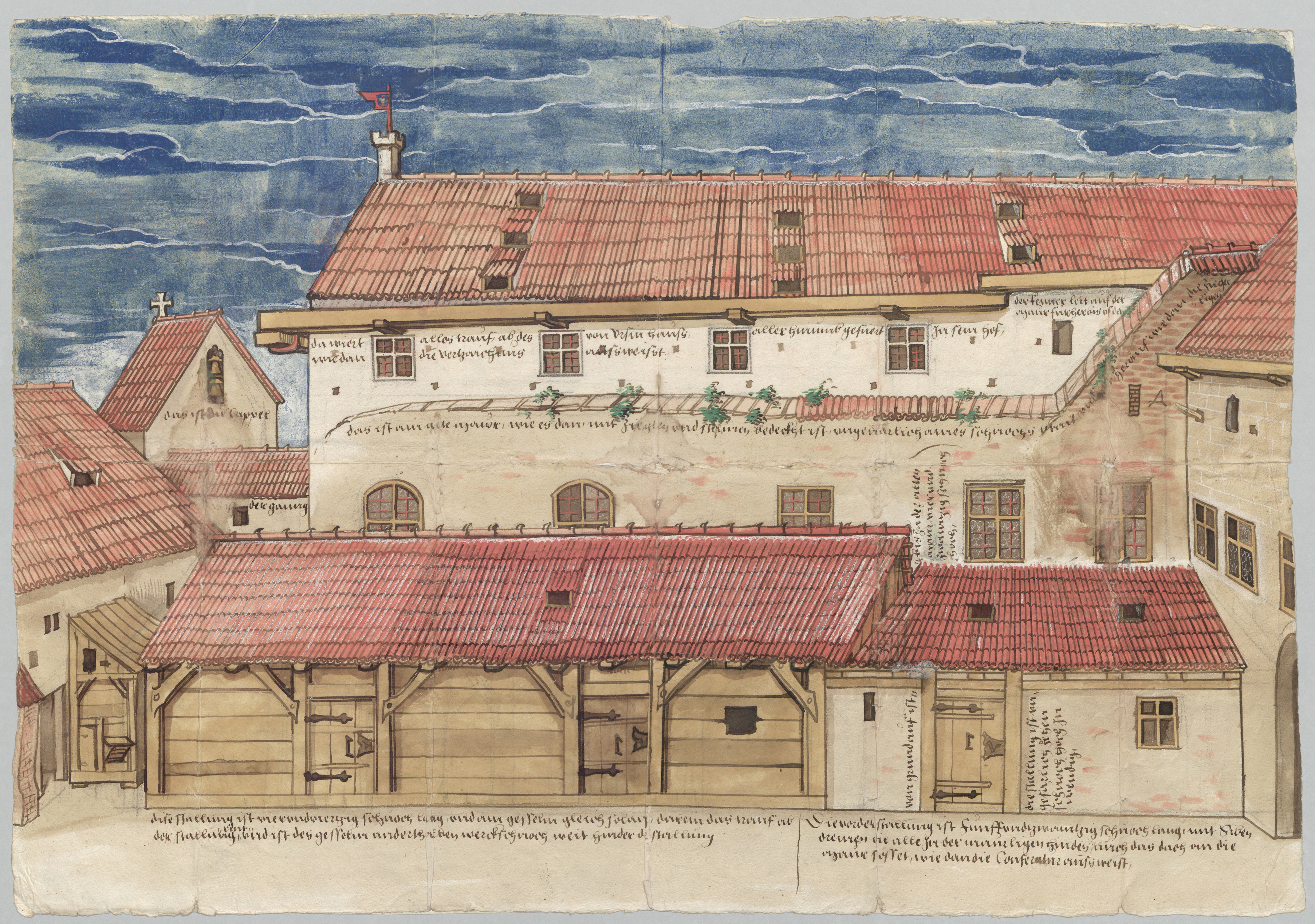 Ansicht des Irseer Klosterhauses von Osten von 1540. Kolorierte Federzeichnung - Foto: Bayerisches Hauptstaatsarchiv