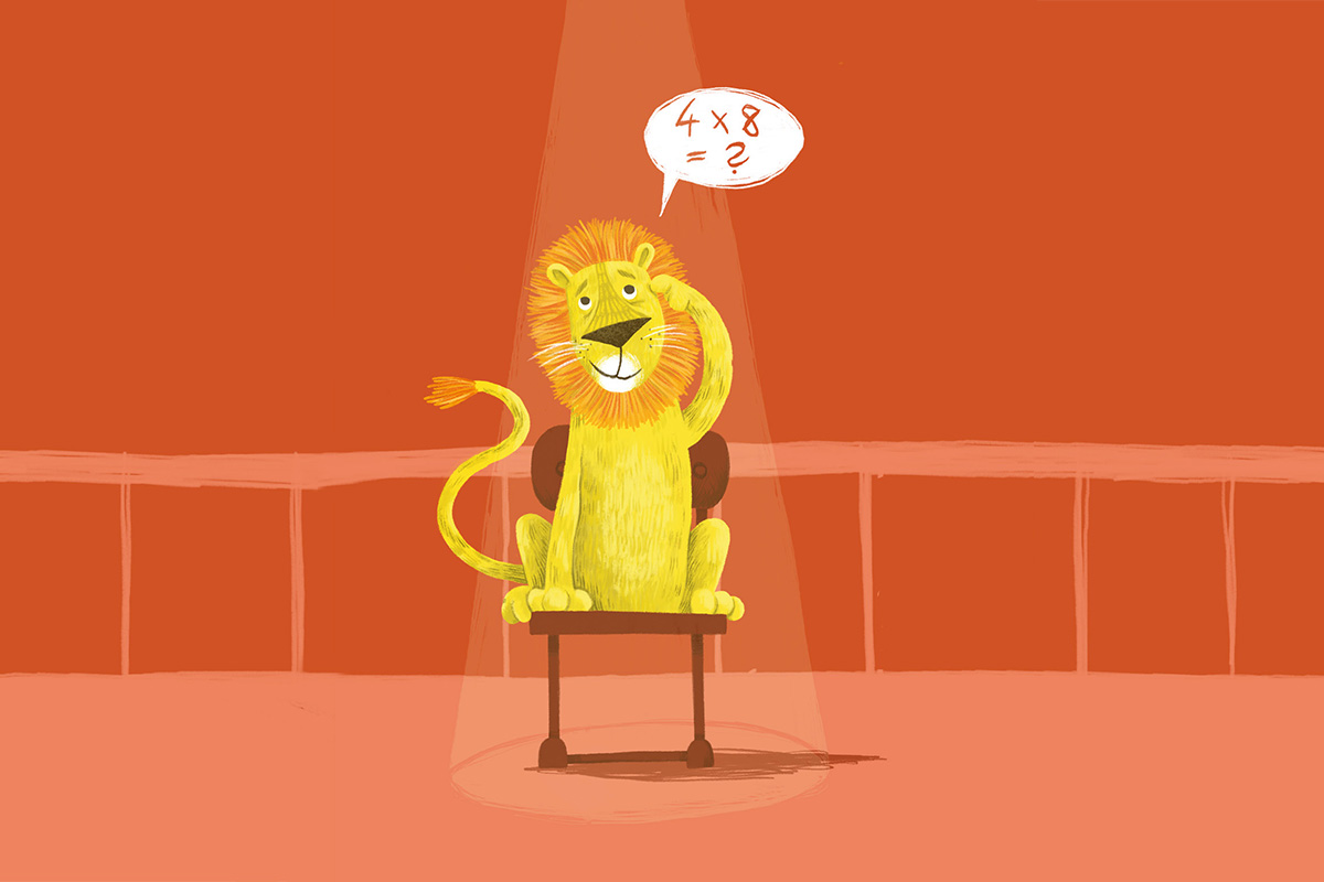 Zeichnung: Löwe auf einem Stuhl, Denkblase: "4 mal 3 = ?"