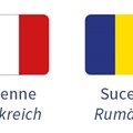 Fahnen von den teilnehmenden Nationen am 20. Internationalen Jugend-Fußballturnier (Deutschland, Frankreich, Rumänien, Ukraine).