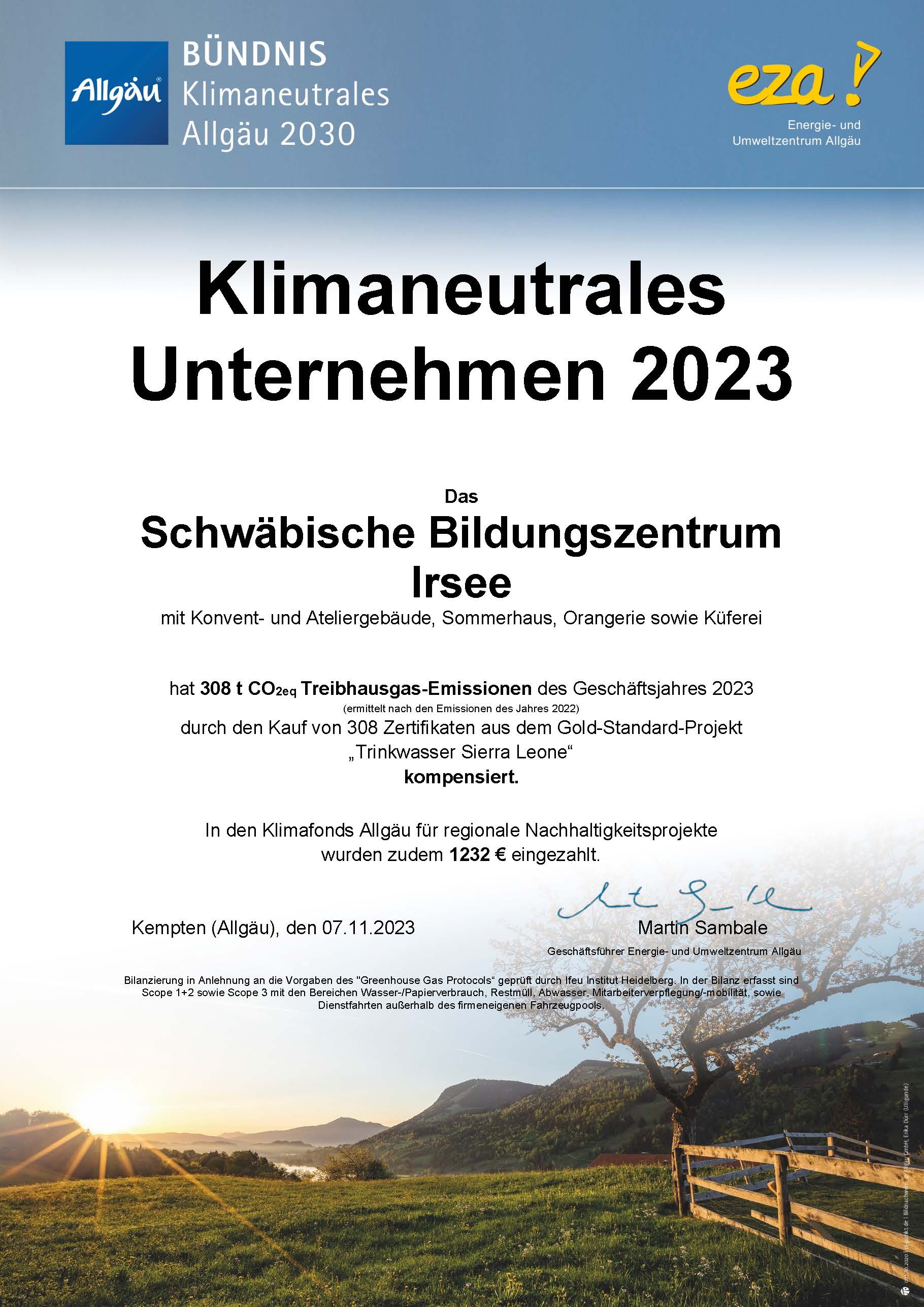 Kloster Irsee ist „Klimaneutrales Unternehmen 2023“  