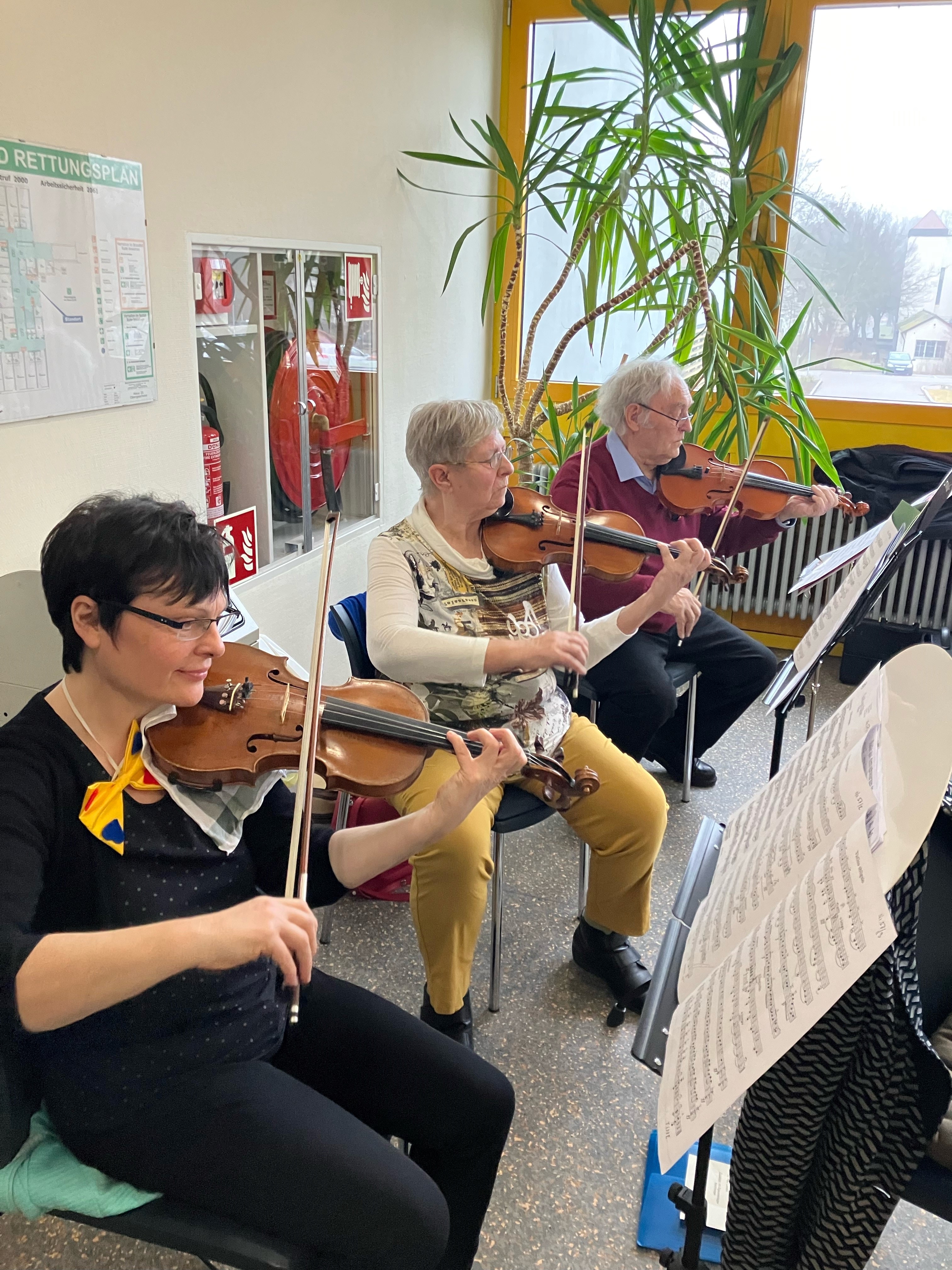 Gemeinsam mit dem Salonorchester Donauwörth gab die ehemalige Patientin Gabriele Prennel (Mitte; mit Geige) zum Dank ein kleines Konzert in der Klinik für Neurochirurgie am BKH Günzburg. Bild: Dr. Ute Bäzner, Bezirkskliniken Schwaben