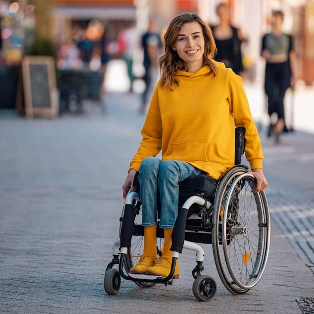 Symbolbild Mobilität Frau im Rollstuhl in einer Innenstadt