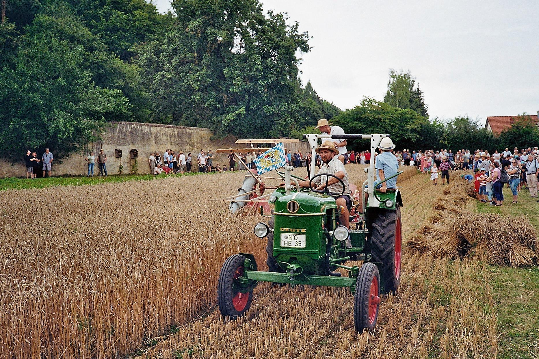 Traktor mit Bindemäher beim Schnitterfest