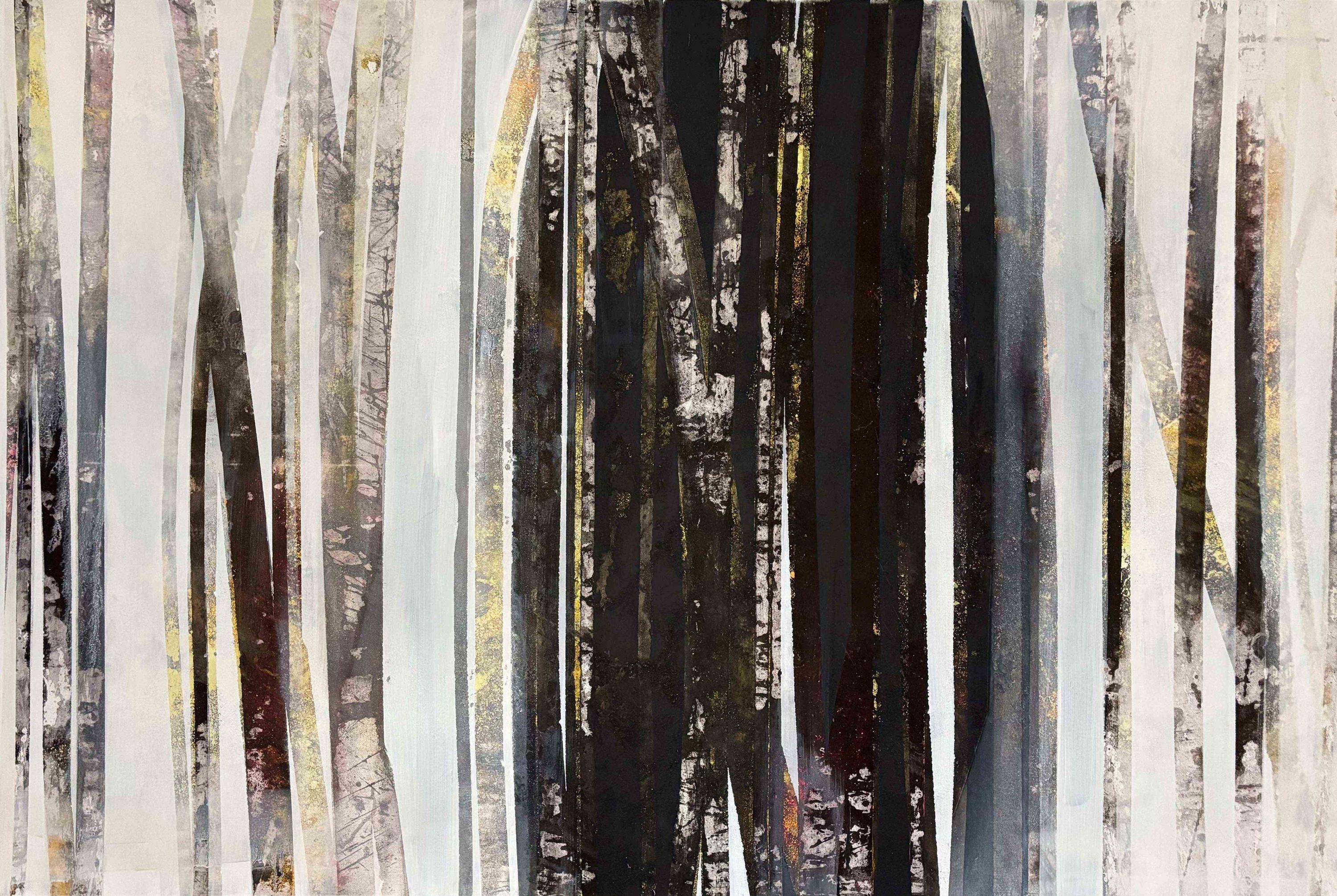 Trees and Stripes 3, 2025, Pigmente, Tape, Acryl auf Leinwand, 120 x 180 cm - Foto: Gabriele Lockstaedt