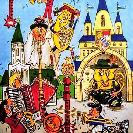 Cartoon mit Musikinstrumenten als Personen