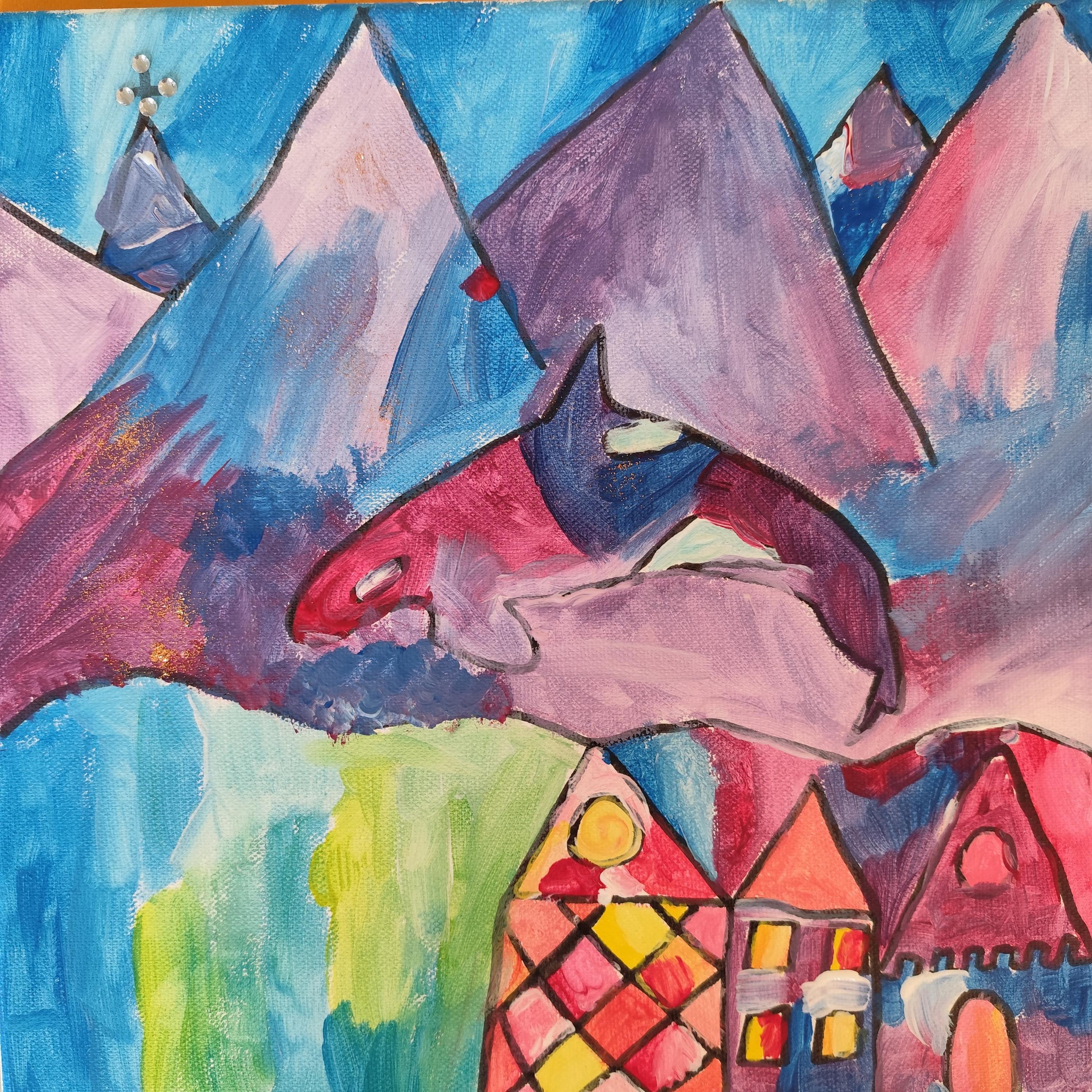 Kinderzeichnung mit bunten Flächen von Bergen, Häusern, Tieren