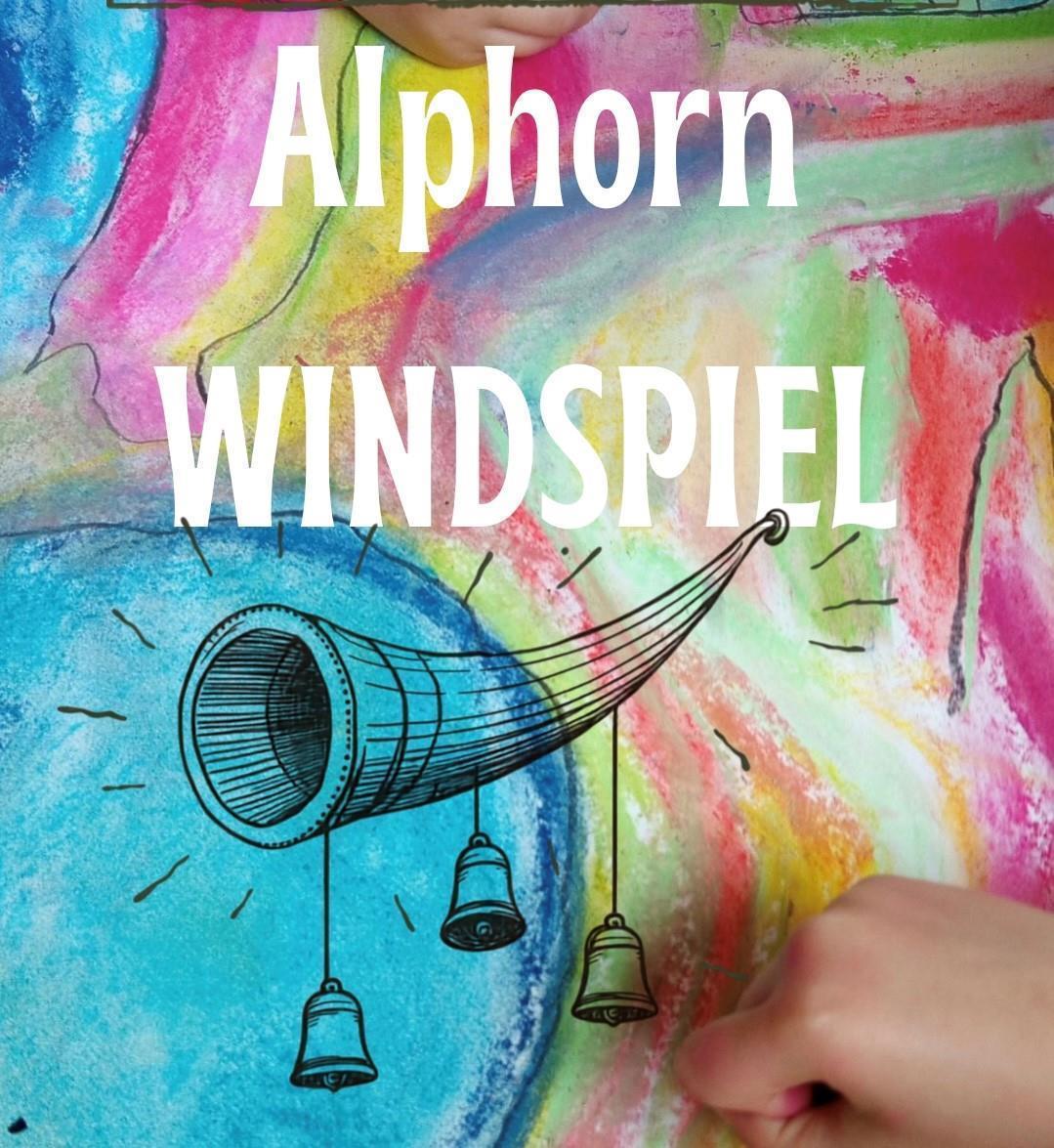 bunte Farbflächen im Hintergrund, gezeichnetes Alphorn davor