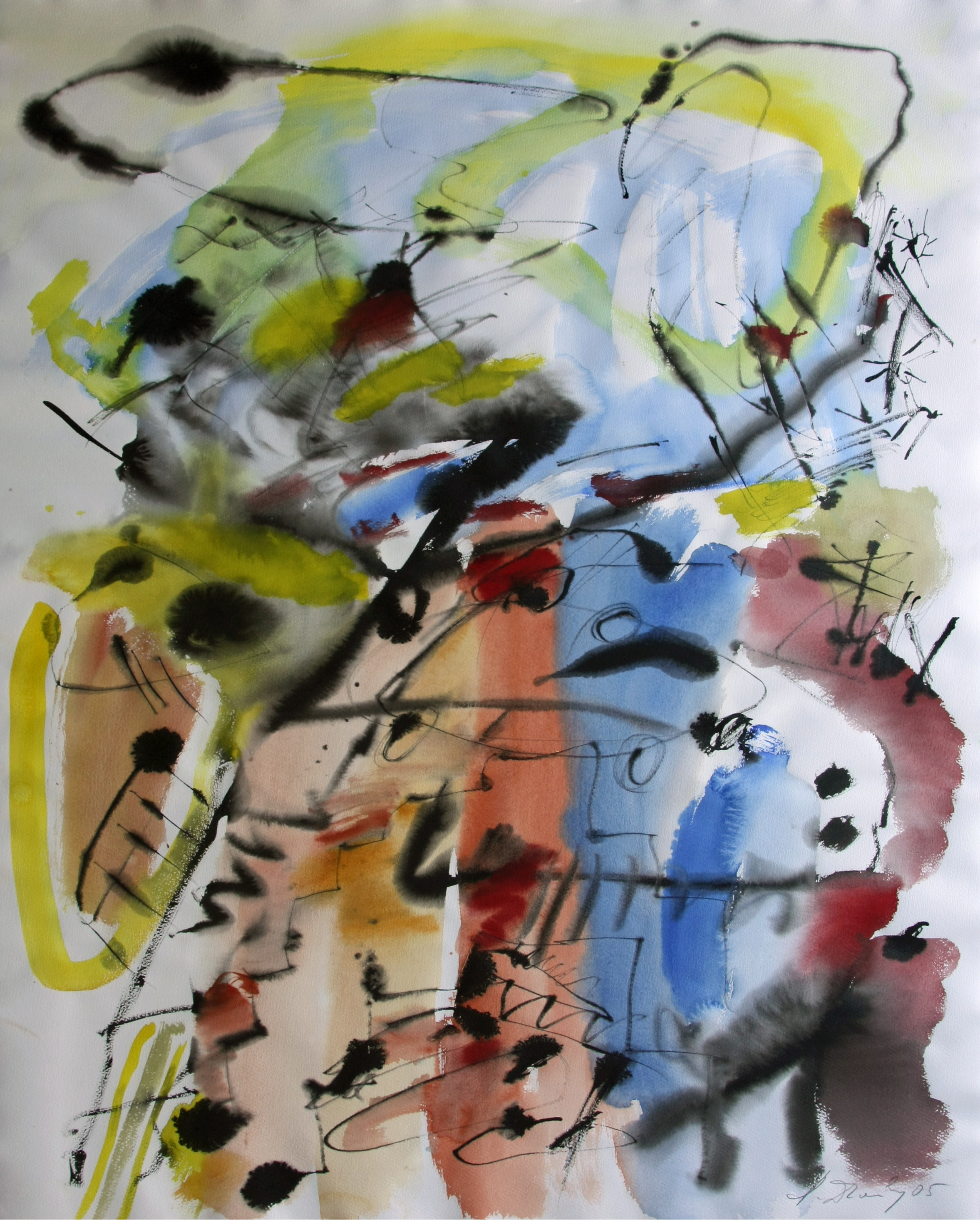 abstraktes Aquarell-Bild mit gelben, roten, blauen, gelben und schwarzen Linien und Farbklecksen