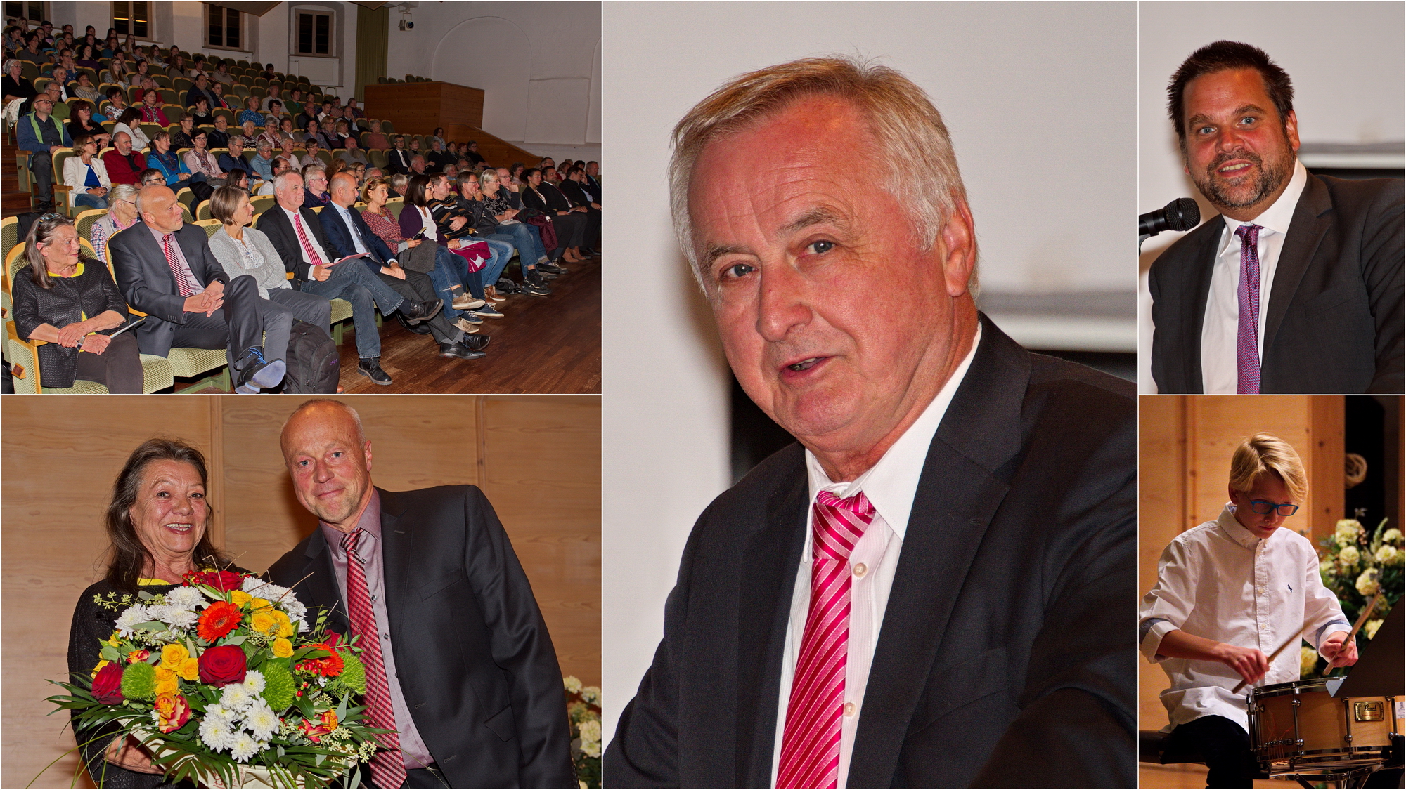 Bei der Eröffnung der Tage der seelischen Gesundheit im Schönen Saal der Sing- und Musikschule, Silva Schneller mit Berthold Gawlik vom GPV, Bezirkstagspräsident Jürgen Reichert, Professor Dr. Markus Jäger, der den Festvortrag hielt und Moritz Keck, der die Veranstaltung musikalisch umrahmte.