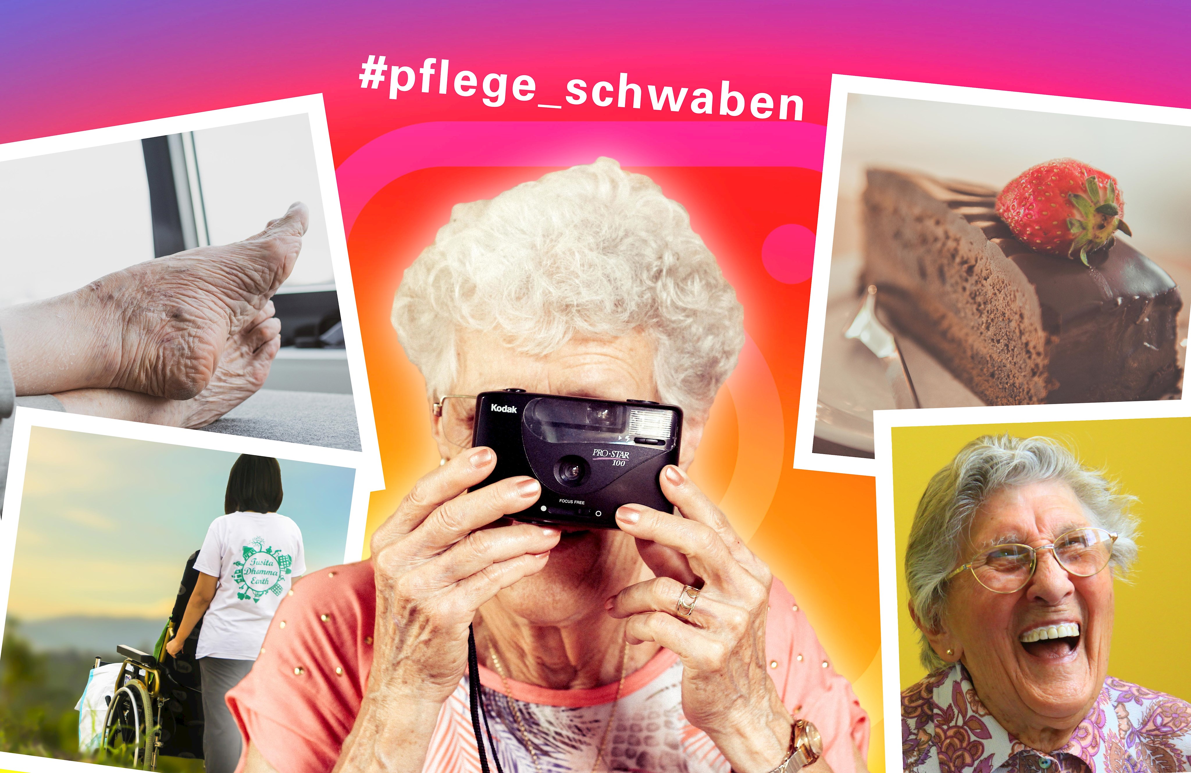 Eine Collage von Bildern: hochgelegte Füße; eine Pflegerin schiebt vor einer bergigen Landschaft einen Rollstuhl; ein Schokoladenkuchen; eine lachende Seniorin; eine Seniorin blickt durch den Sucher einer Kamera