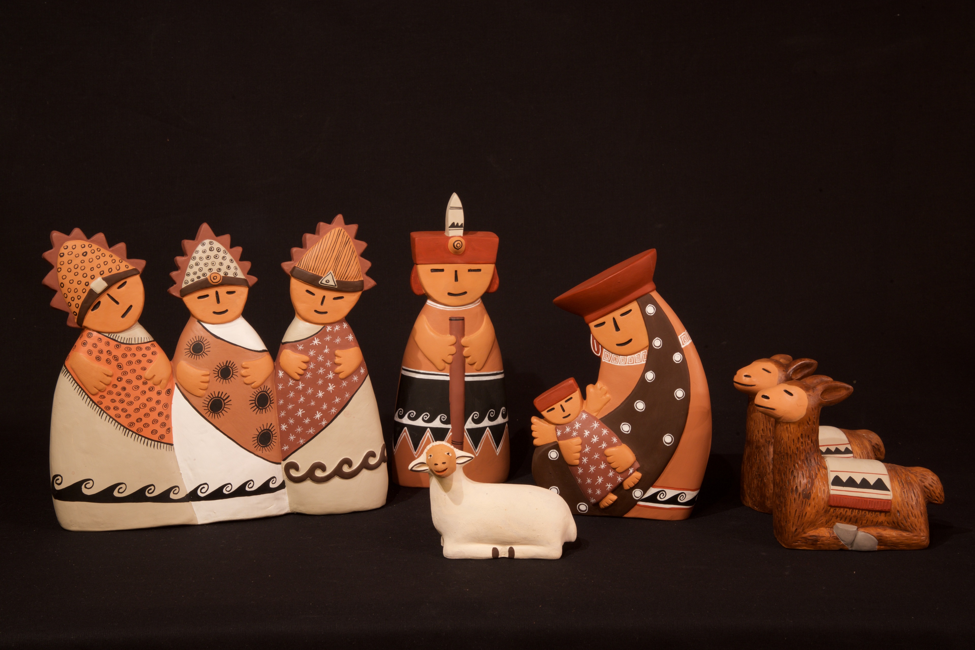 Tonfiguren aus Peru mit Lamas an Stelle von Ochs und Esel, um 2000