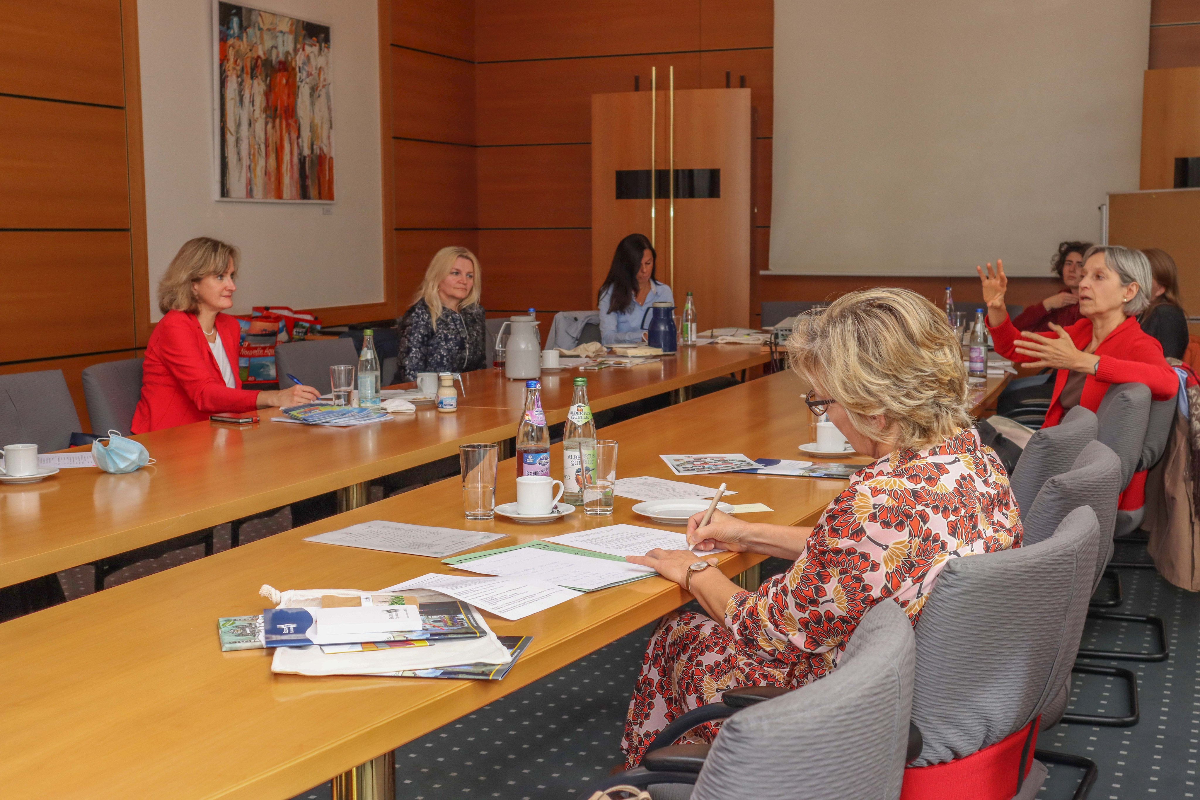 v.l. Chantal Sell, Gabriela Blank, Marion Müller; v.r. Petra Zierer, Alice Heller (spricht); Hintergrund Léonie Henry