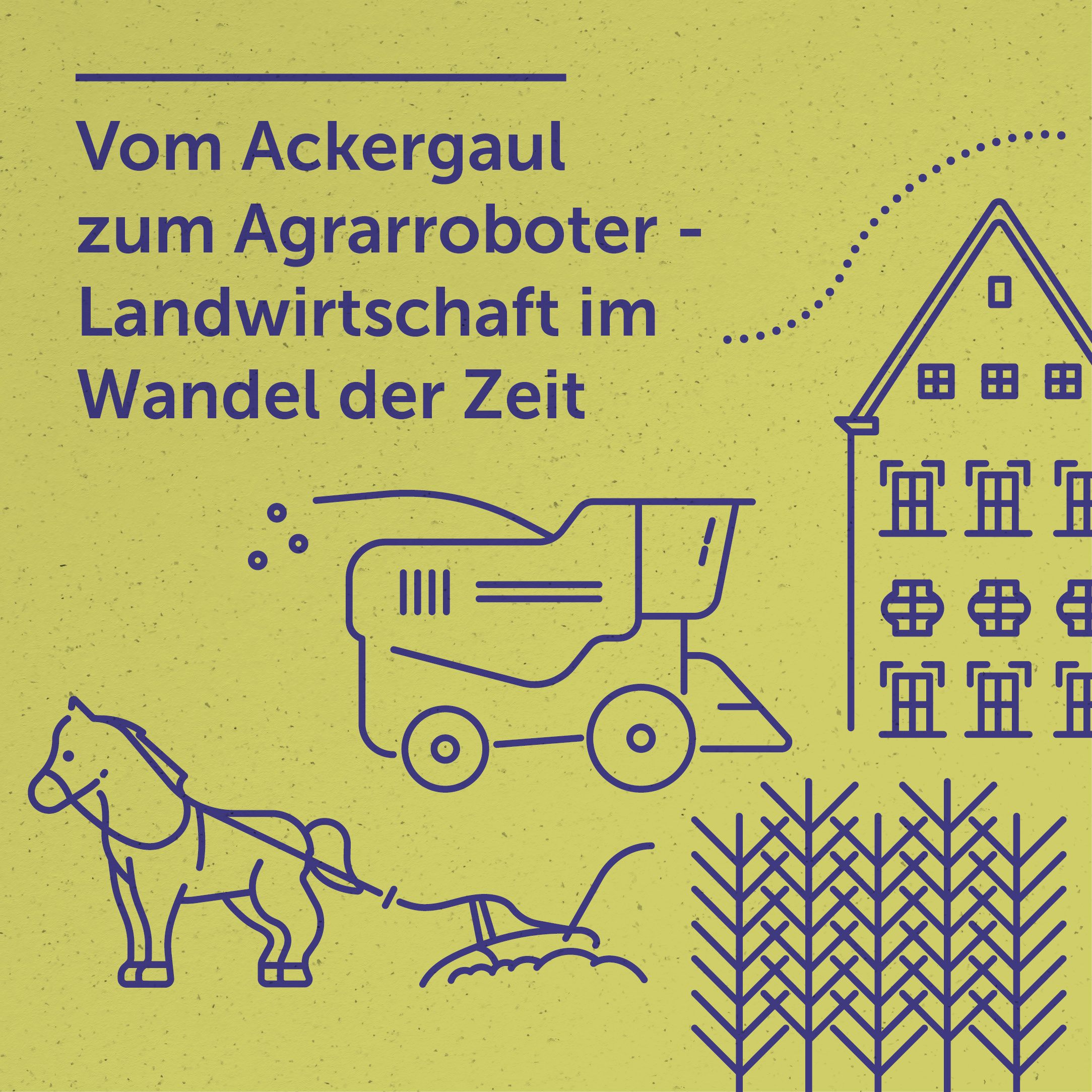 Illustrationen eines Pfedes mit Pflug, Getreide, einer Erntemaschine und eines Hauses