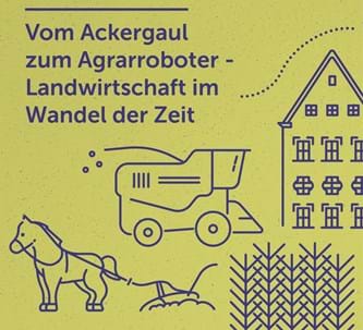 Illustrationen eines Pfedes mit Pflug, Getreide, einer Erntemaschine und eines Hauses